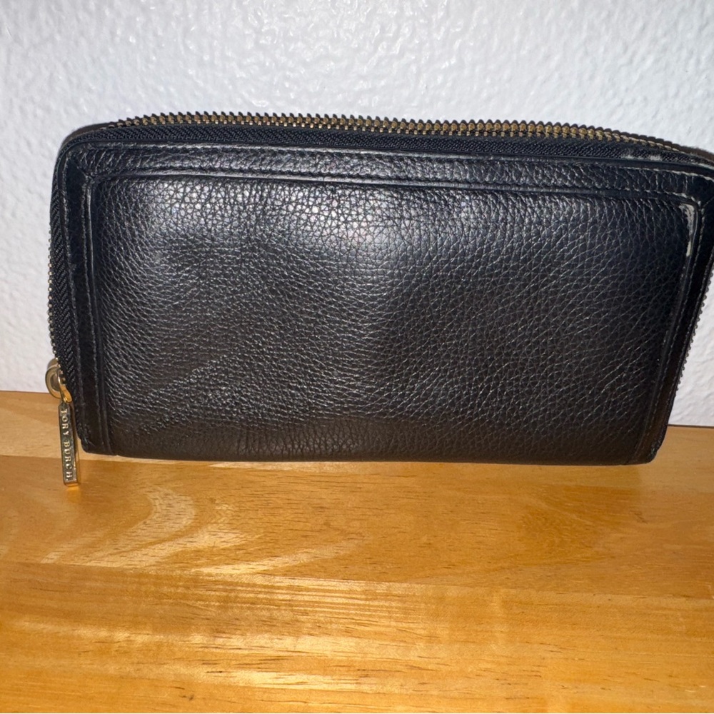 Tory Burch Black Leather Wallet Pebbled Finish